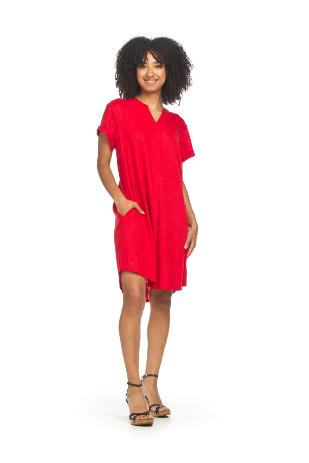 PD18525 RED Short Sleeve Linen Blend Dress with Pockets