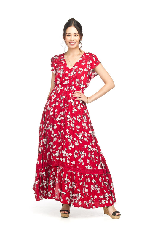 PD18531 RED Floral s/s Maxi w Lace Inset & Pockets