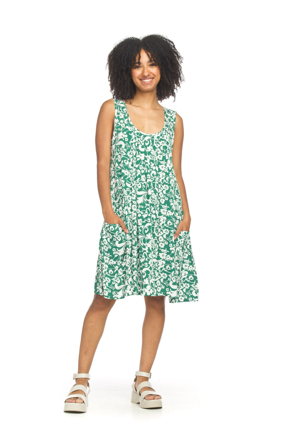 PD18533 GREEN Printed Front Pleat wwing Dress with Pockets