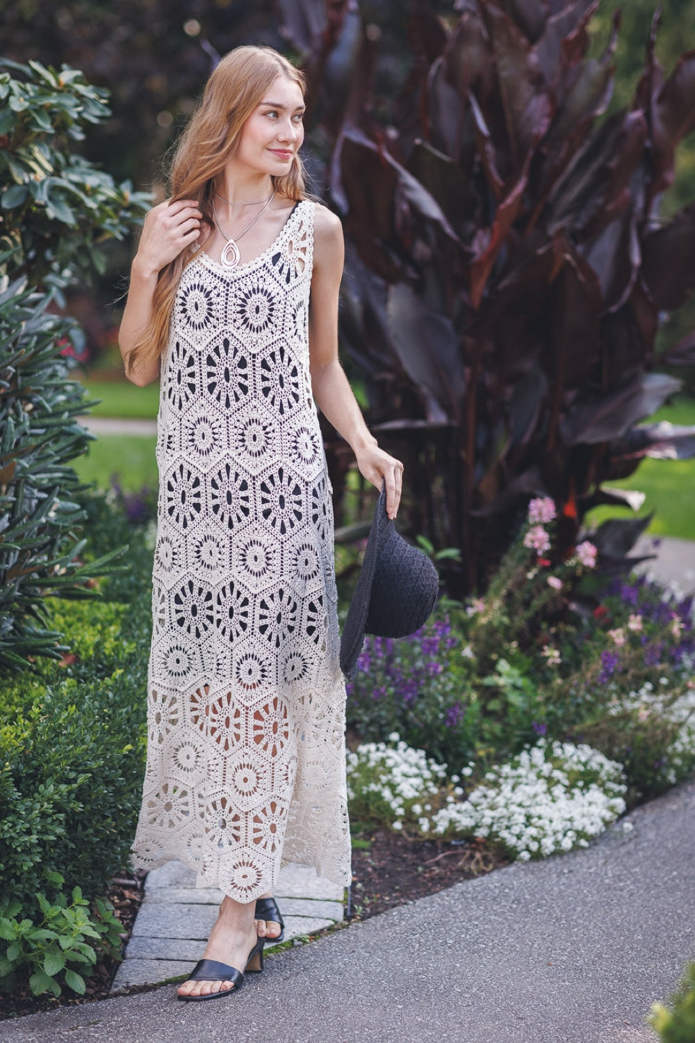 PD18542 BEIGE Crochet maxi dress without lining