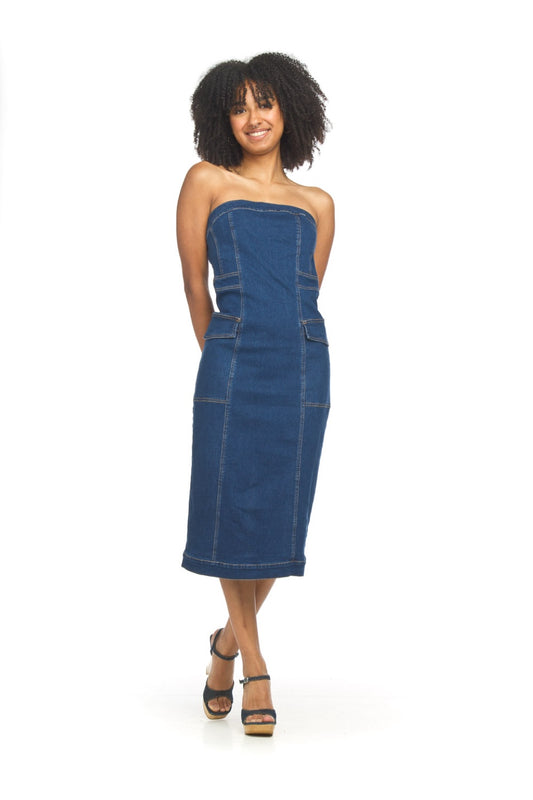 PD18546 DDENM Strapless Denim 2 pocket dress