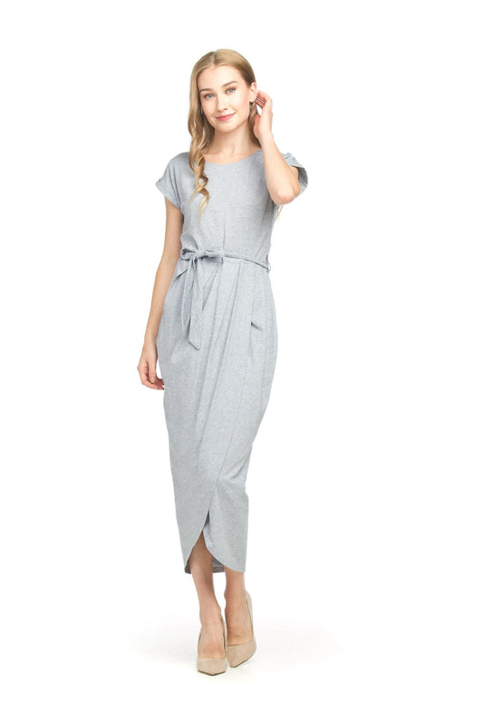 PD18555 GREY Stretch Heathered Cotton Blend S/S Tulip Hem Maxi