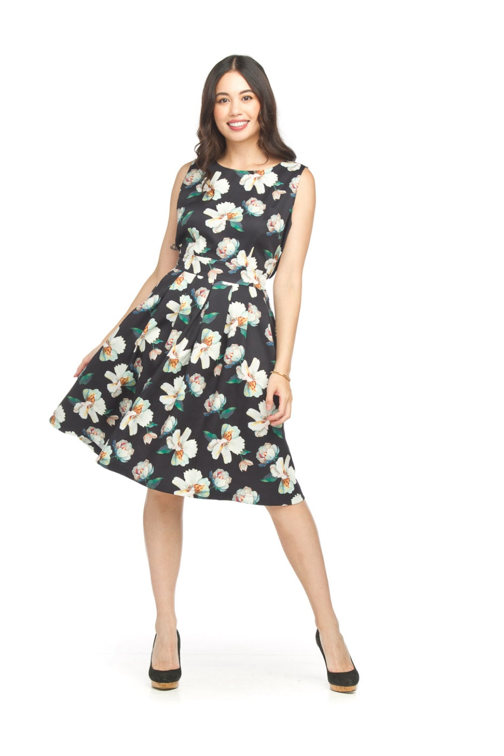 PD18561 BLACK Floral Sleeveless Box Pleat Dress with Pockets