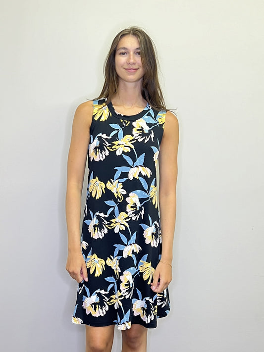 PD18575 BLACK Floral Stretch A-Line Dress with Pockets