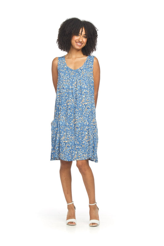 PD18580 BLUE Floral Front Pleat Swing Dress with Pockets