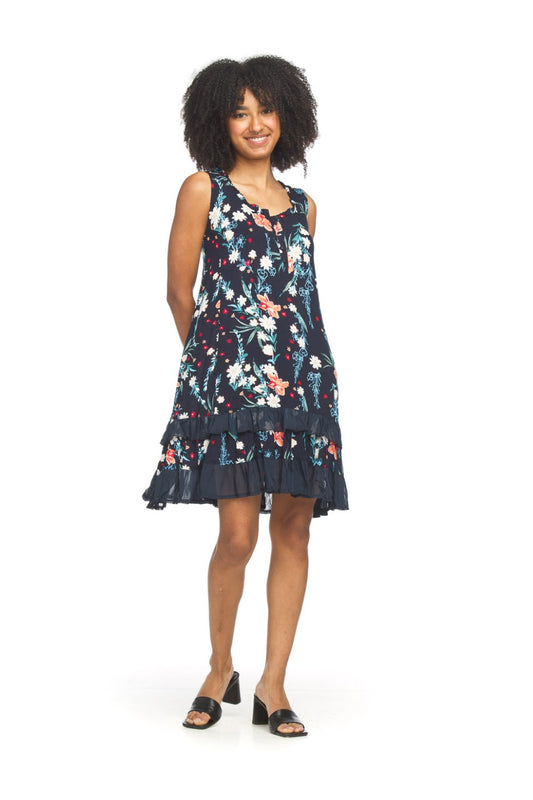 PD18586 NAVY Floral Crinkle Ruffle Hem Dress