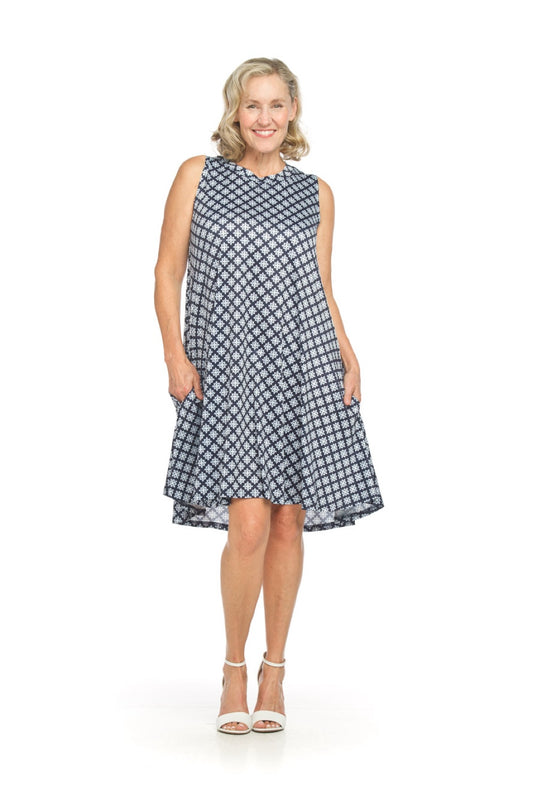 PD18588 NAVY Geo Stretch A-Line Dress with Pockets