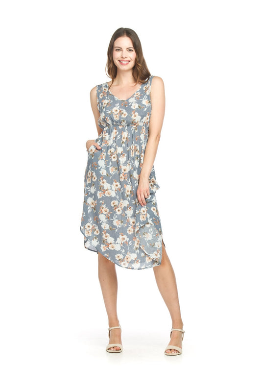 PD18592 DENIM Floral Shirt Hem Dress w Elastic Waist & Pockets