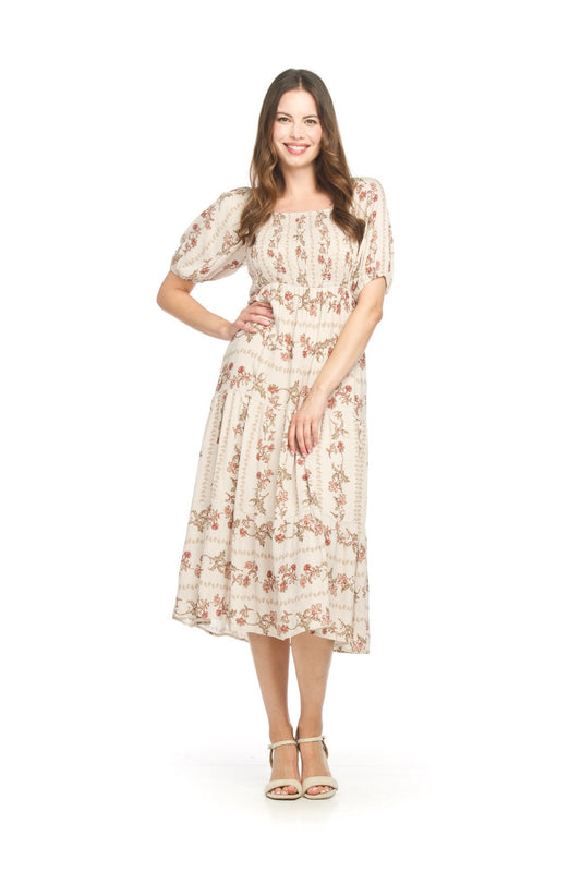 PD18595 TAUPE Floral Tiered Smocked OTS Puff Sleeve Dress