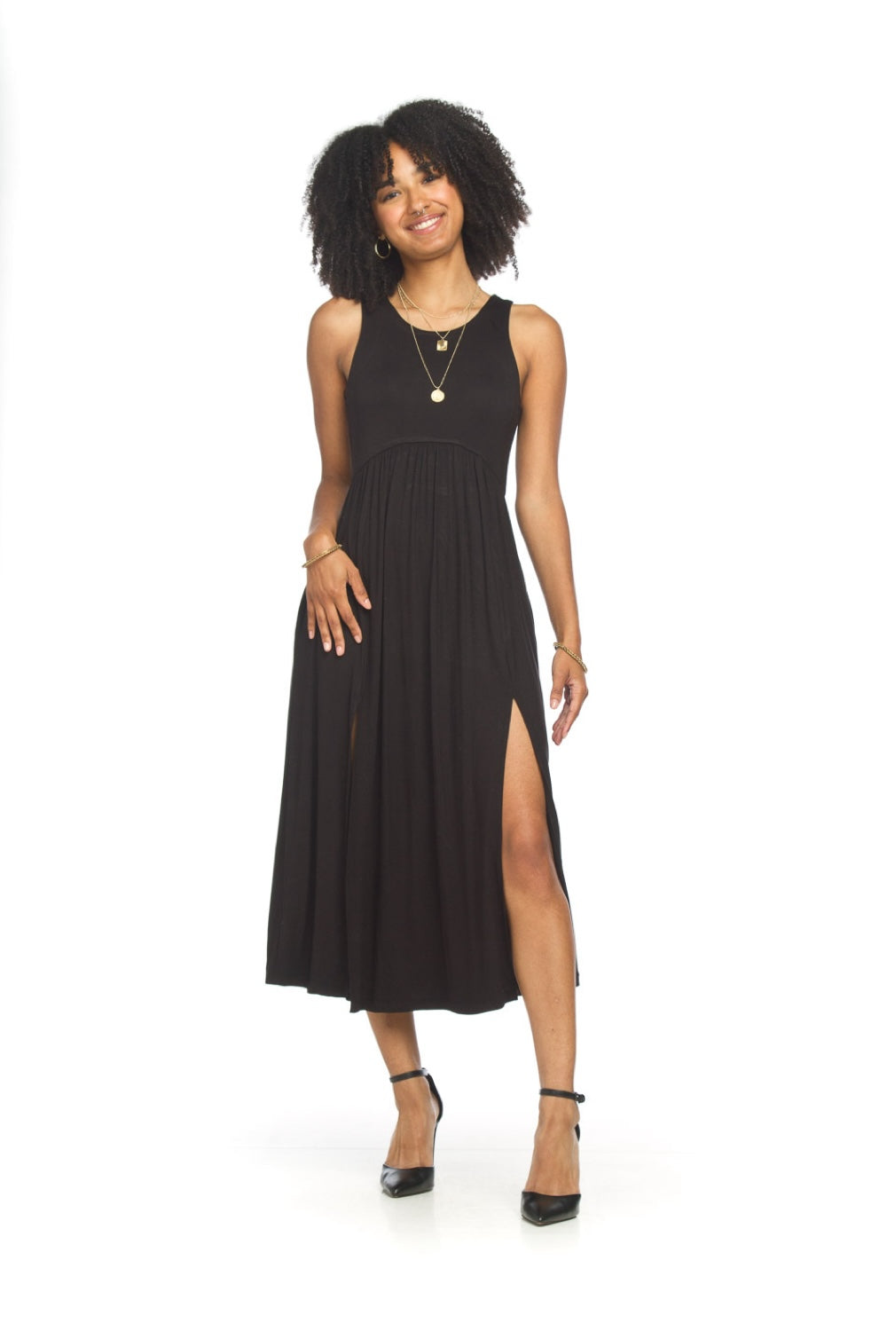 PD18599 BLACK Stretch Tank Dress with Front Split & Back Elastic