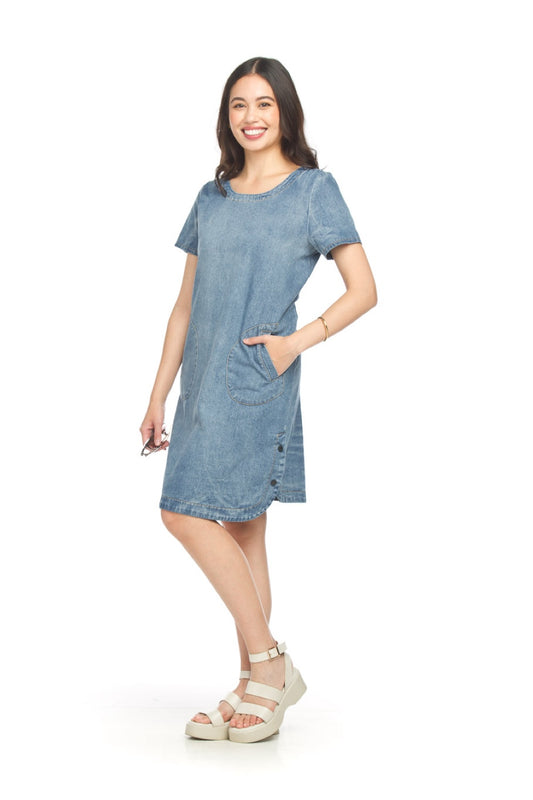 PD18601 DENIM Short Sleeve Denim Dress with Pockets