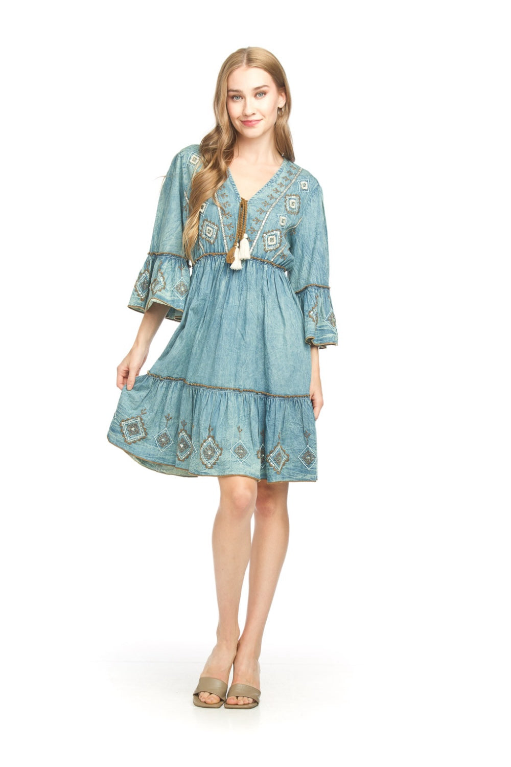 PD18603 DENIM Embr and Beaded Denim Dress w Bell Sleeves