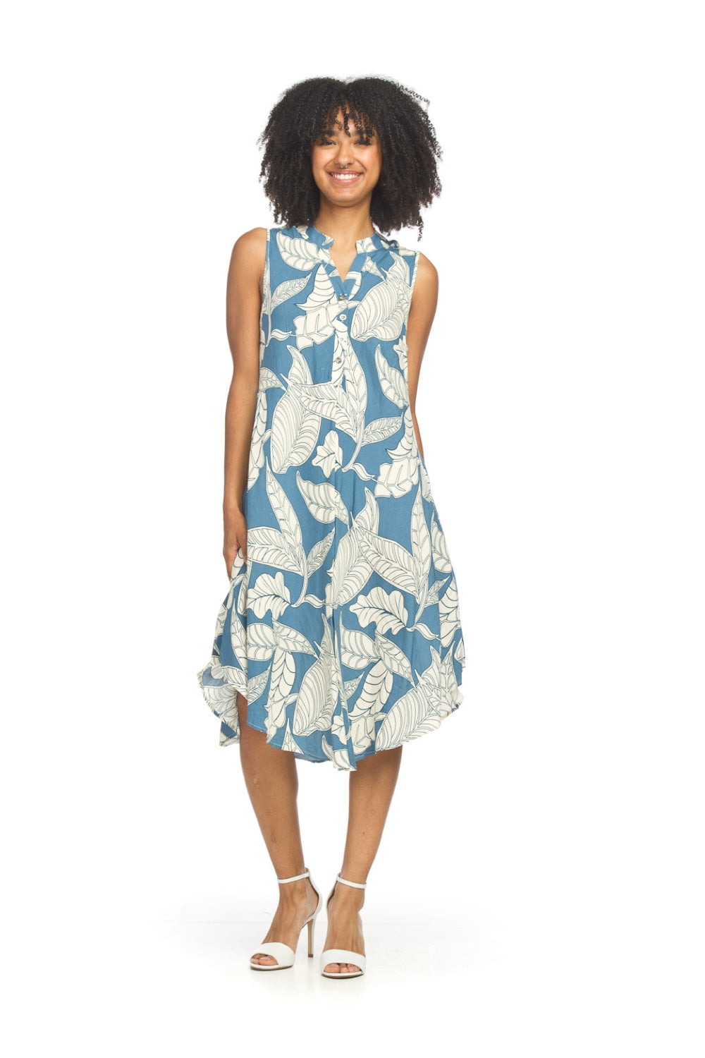 PD18611 BLUE Abstract Floral Henley Swing Dress with Pockets