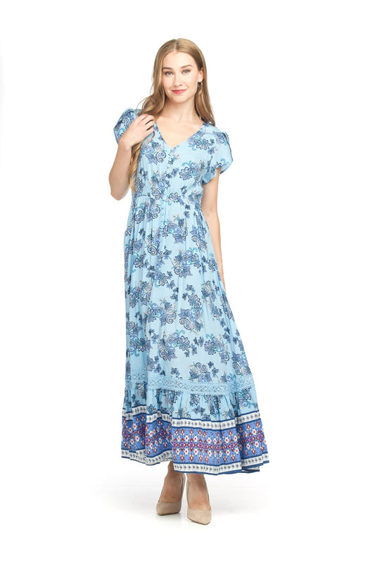 PD18612 BLUE Paisley Border Prnt S/S Maxi w Lace Inset & Pocket