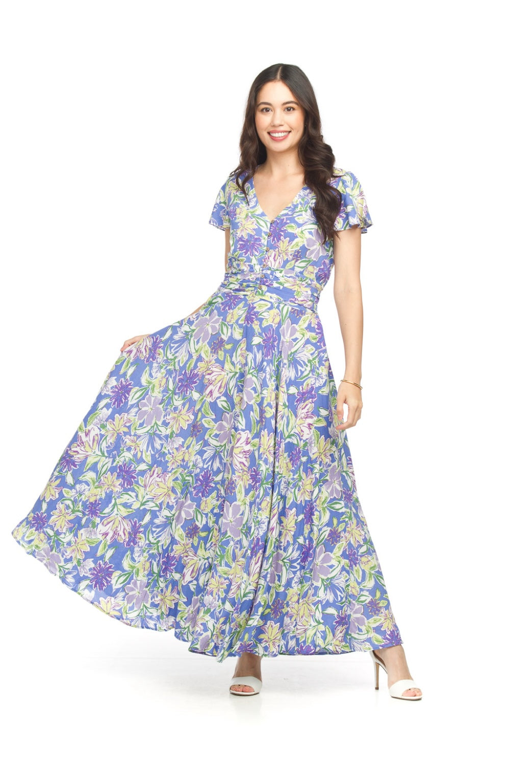 PD18613 LILAC Floral S/S Maxi w Pleated Waist and Pockets