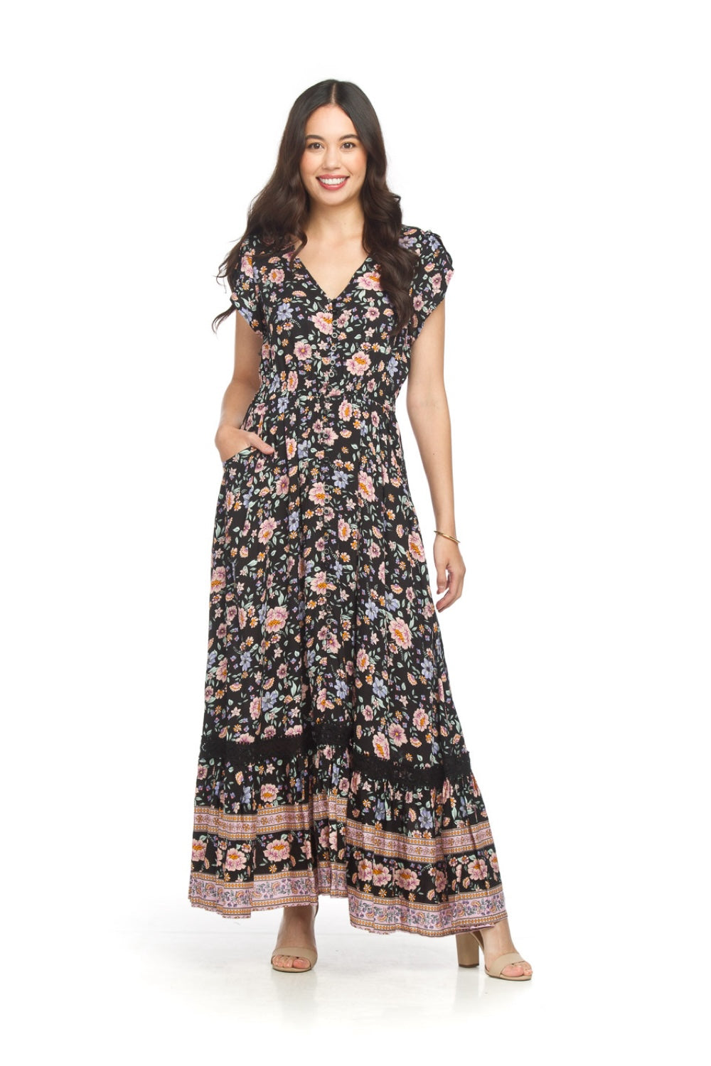 PD18614 BLACK Floral  Border Print S/S Maxi w Lace Inset