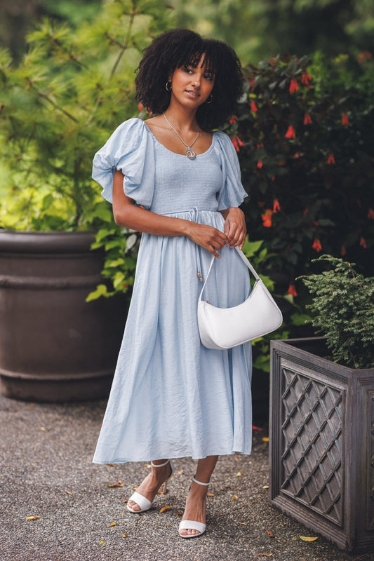 PD18617 BLUE Smocked Off the Shoulder Puff Sleeve w Tie Belt