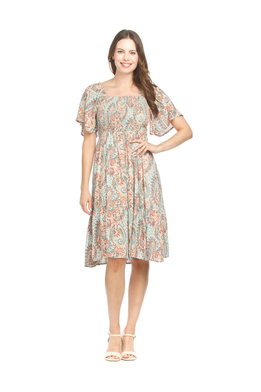 PD18618 BLUE Paisley Smocked Off the Shoulder Pyff Sleeve Dress