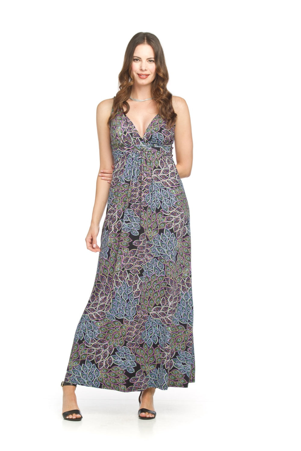 PD18620 PURPL Peacock Printed Stretch Grecian Maxi Dress