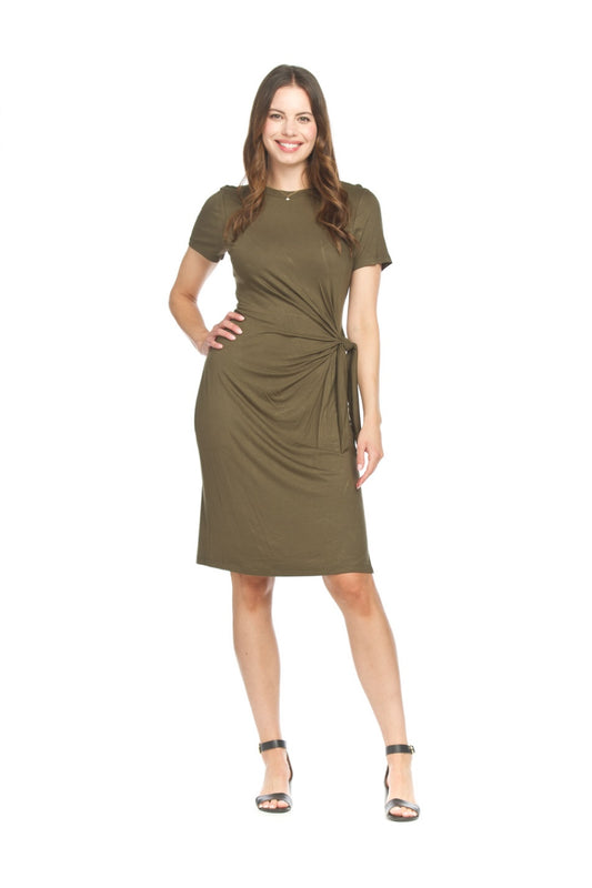 PD18621 OLIVE Stretch Jersey S/S Dress with Knotted Front Detail