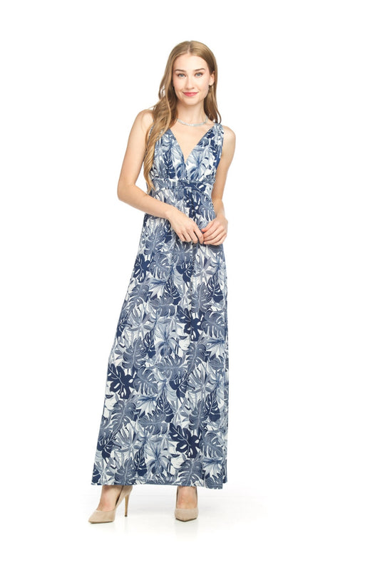 PD18631 NAVY Tropical Printed Stretch Grecian Maxi Dress