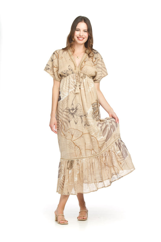 PD18636 BEIGE Mixed Print Cotton V Neck Maxi Dress