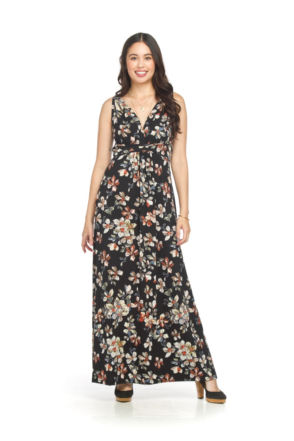 PD18639 BLACK Floral Rubber Print Stretch Grecian Maxi Dress