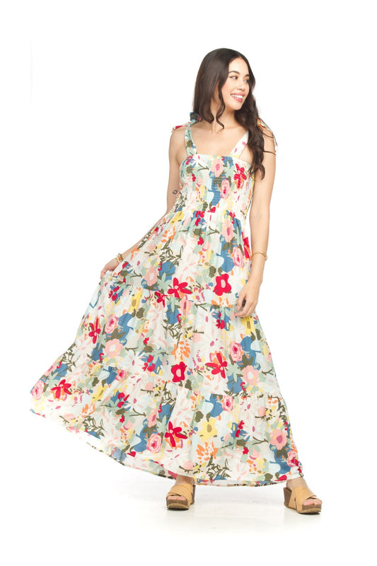 PD18647 WHITE Floral Print Smocking Bust Long Dress w Tie Straps