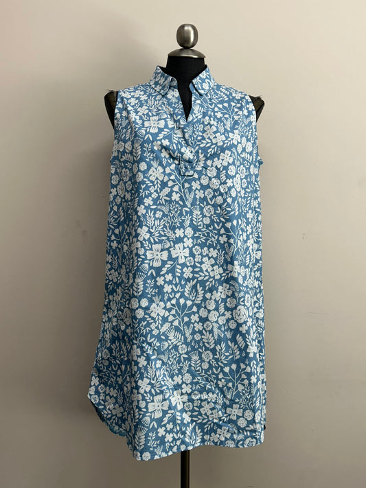 PD18649 DENIM Floral Collared Shirt Hem Dress