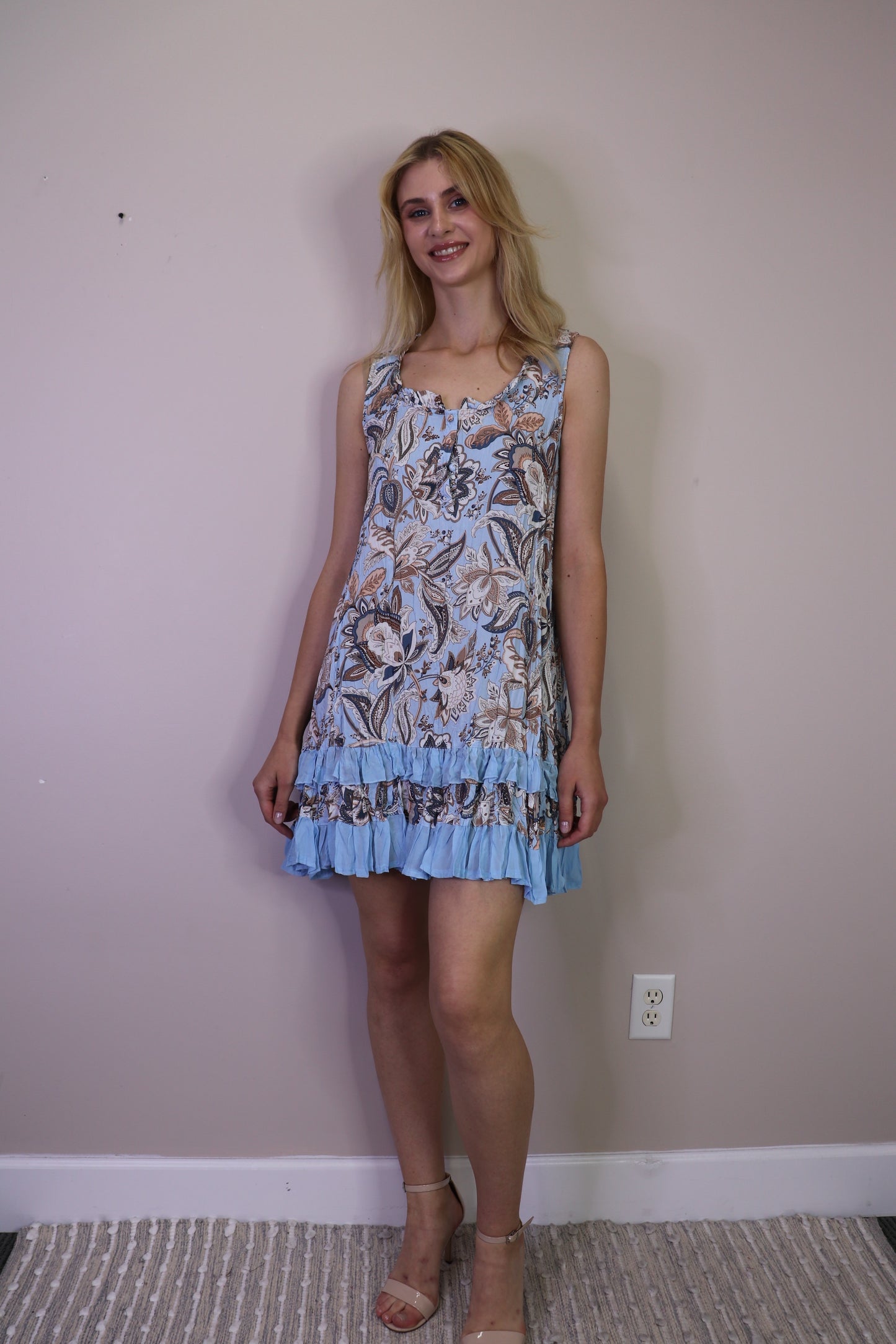 PD16508 BLUE Floral Print Ruffle Hem Dress