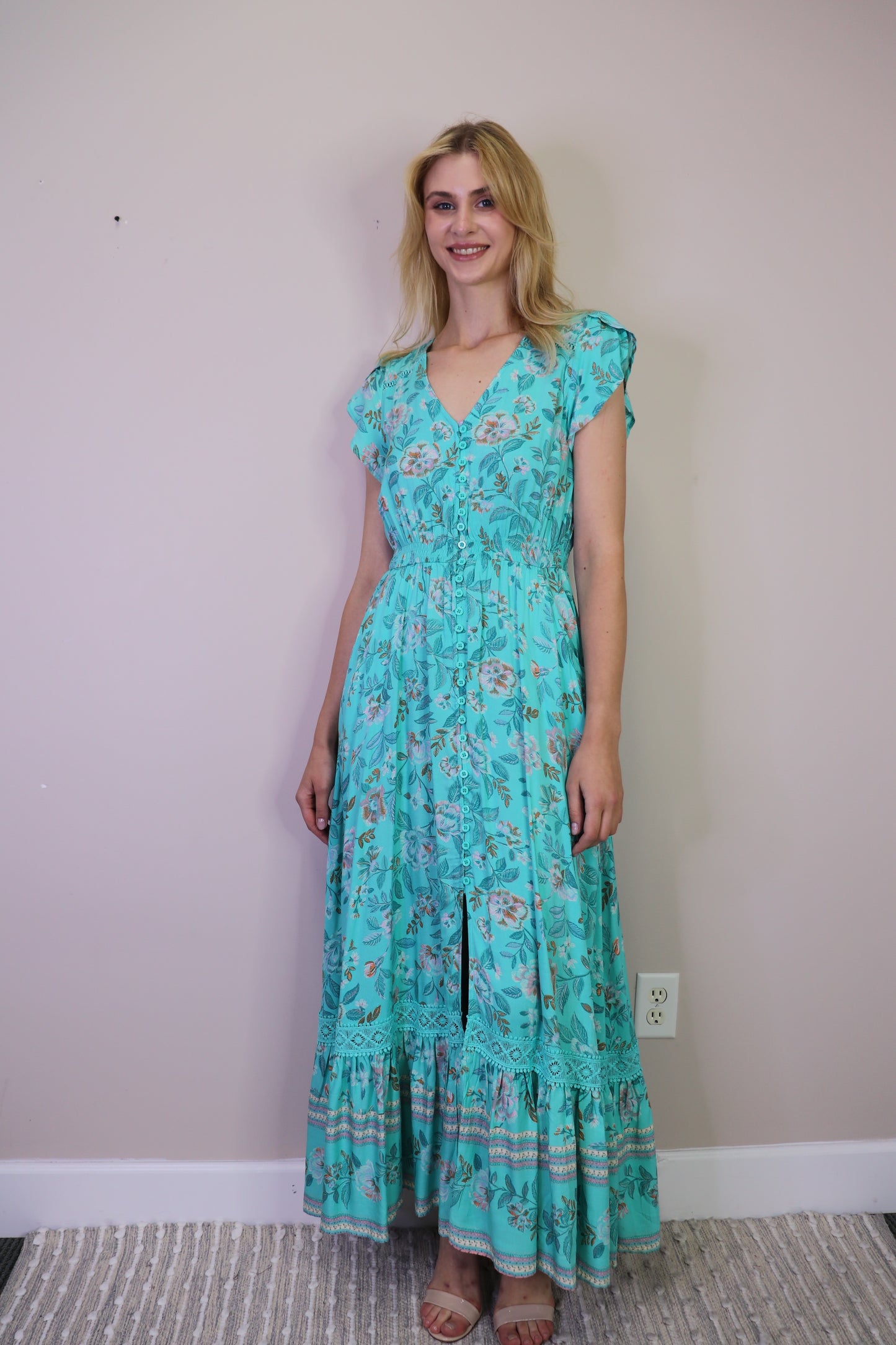 PD16519 AQUA Floral Lace Inset S/S Maxi w Smocked Waist