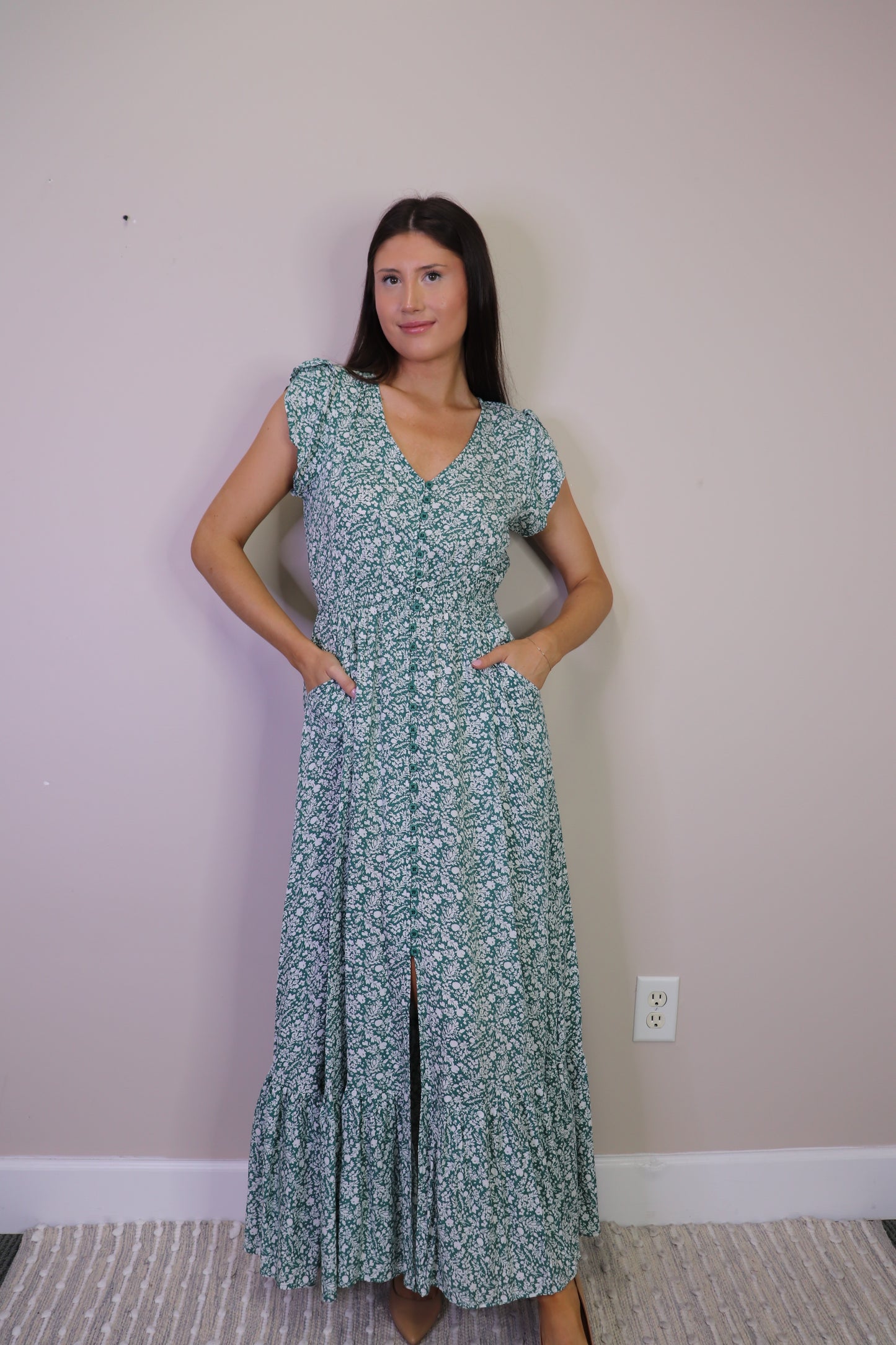 PD16529 GREEN Ditsy Floral Print Button Front Maxi w Pockets