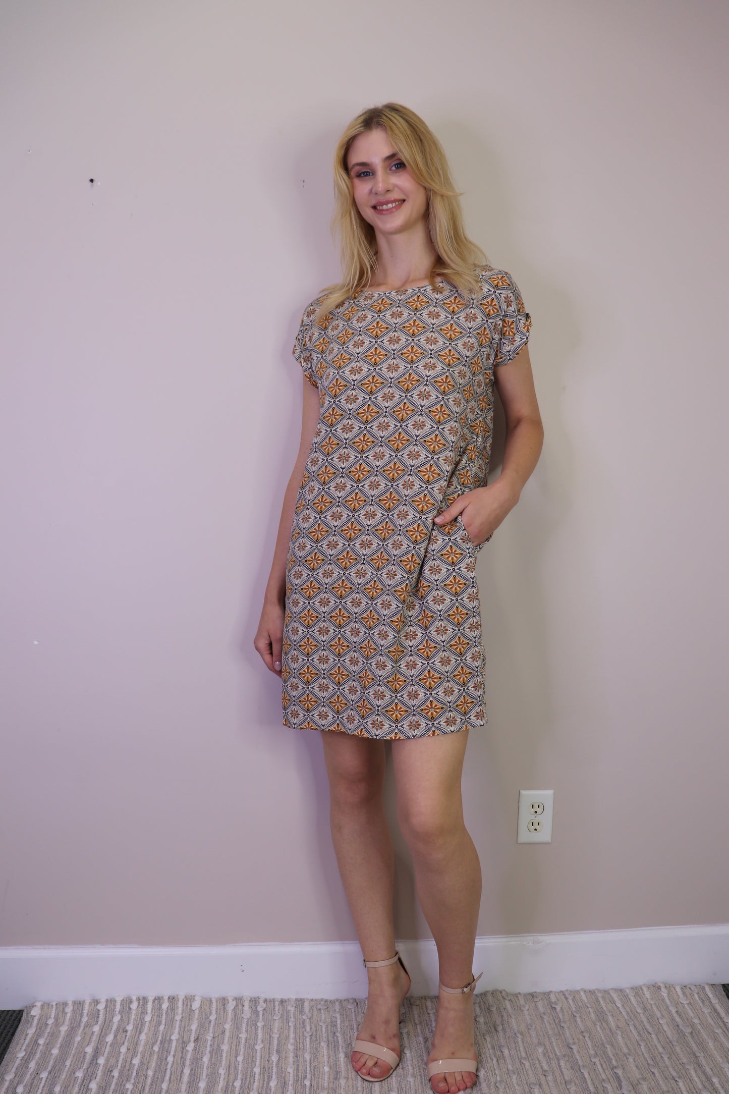 PD16530 BEIGE Medallion Print Shift Dress with Pockets