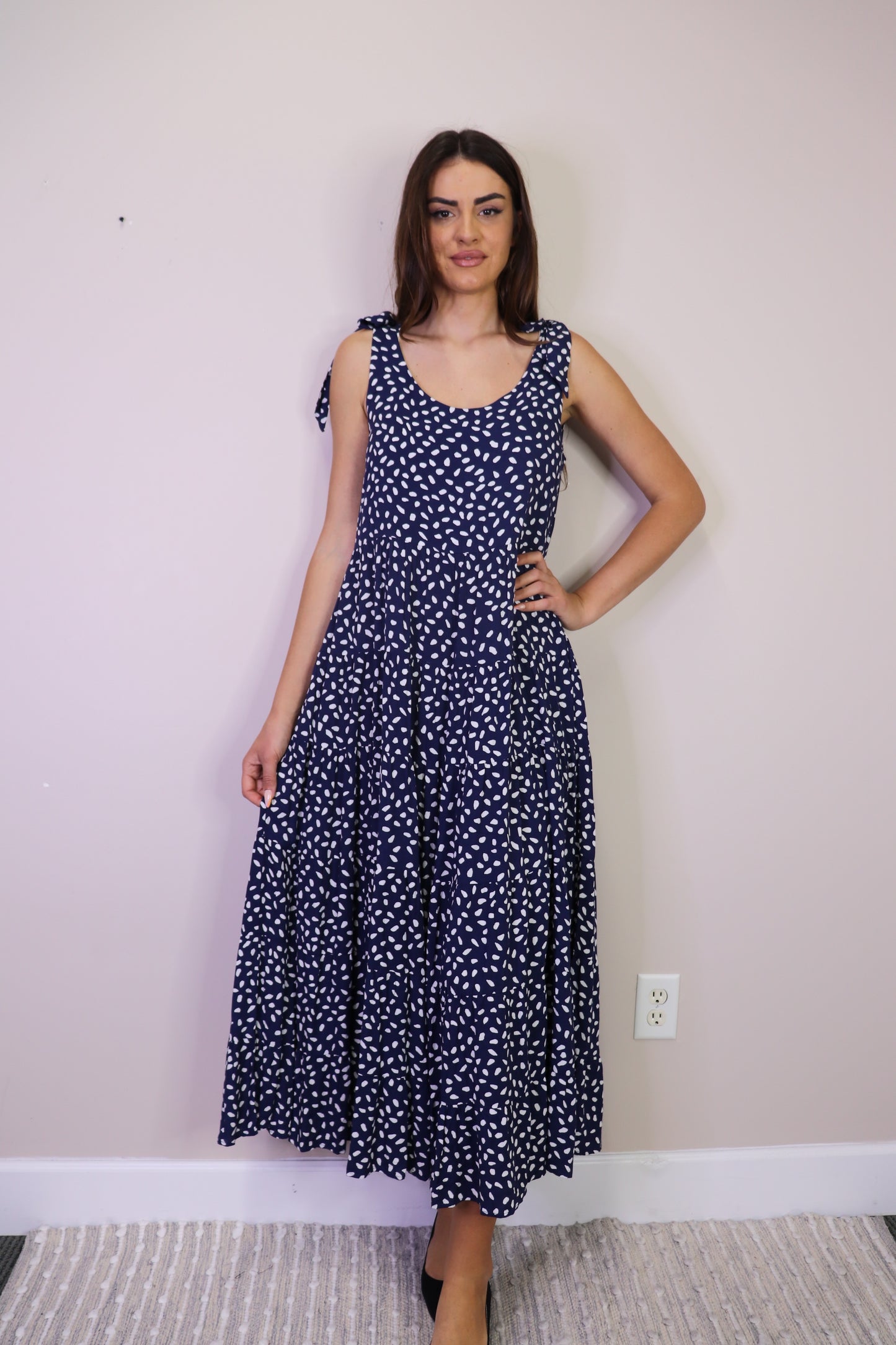PD16570 NAVY Spotted Midi Dress with Pockets & Tie Straps