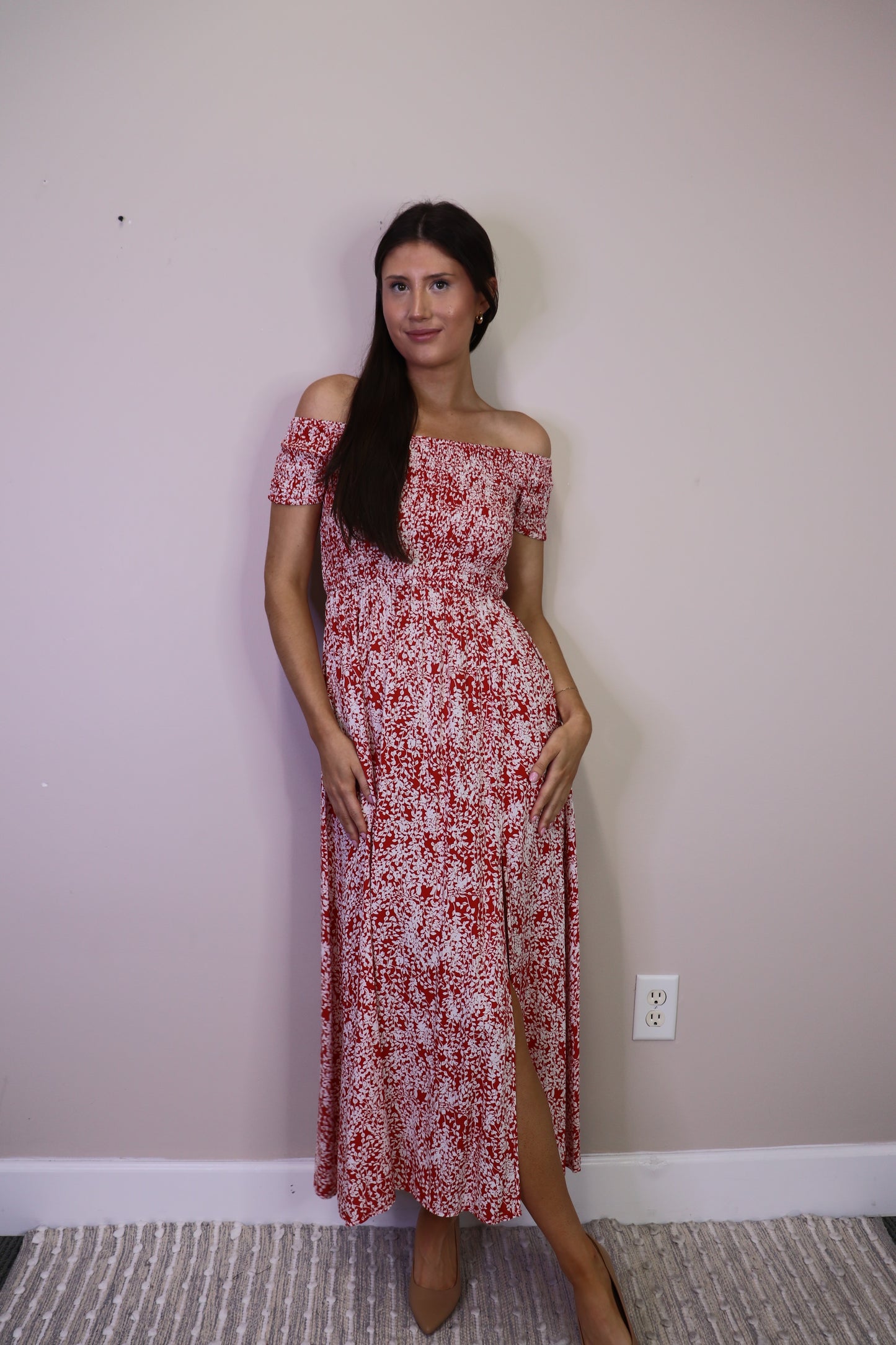 PD16571 CORAL Floral Smocked OTS Maxi Dress