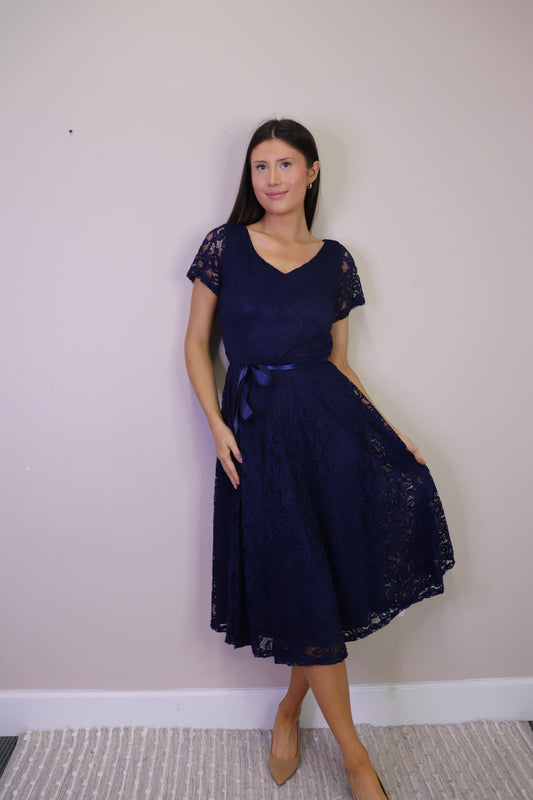 PD16582 NAVY Floral Lace Short Sleeve Midi Dress