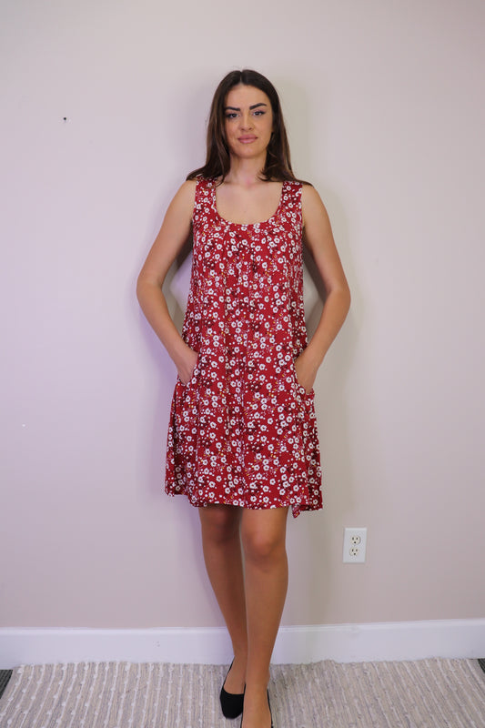 PD16590 RED Ditsy Florral Swing Dress with Pockets