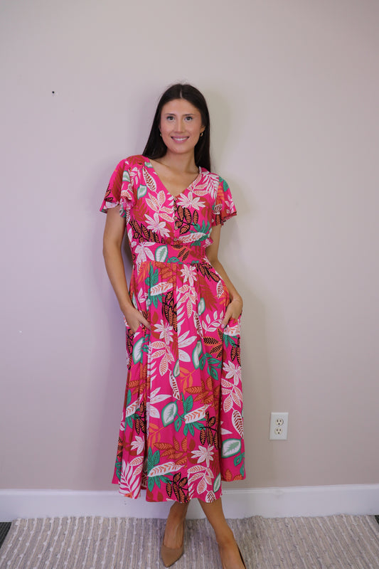 PD16595 FUCHS Tropical Print Midi Dr w Pockets & Elastic Waist