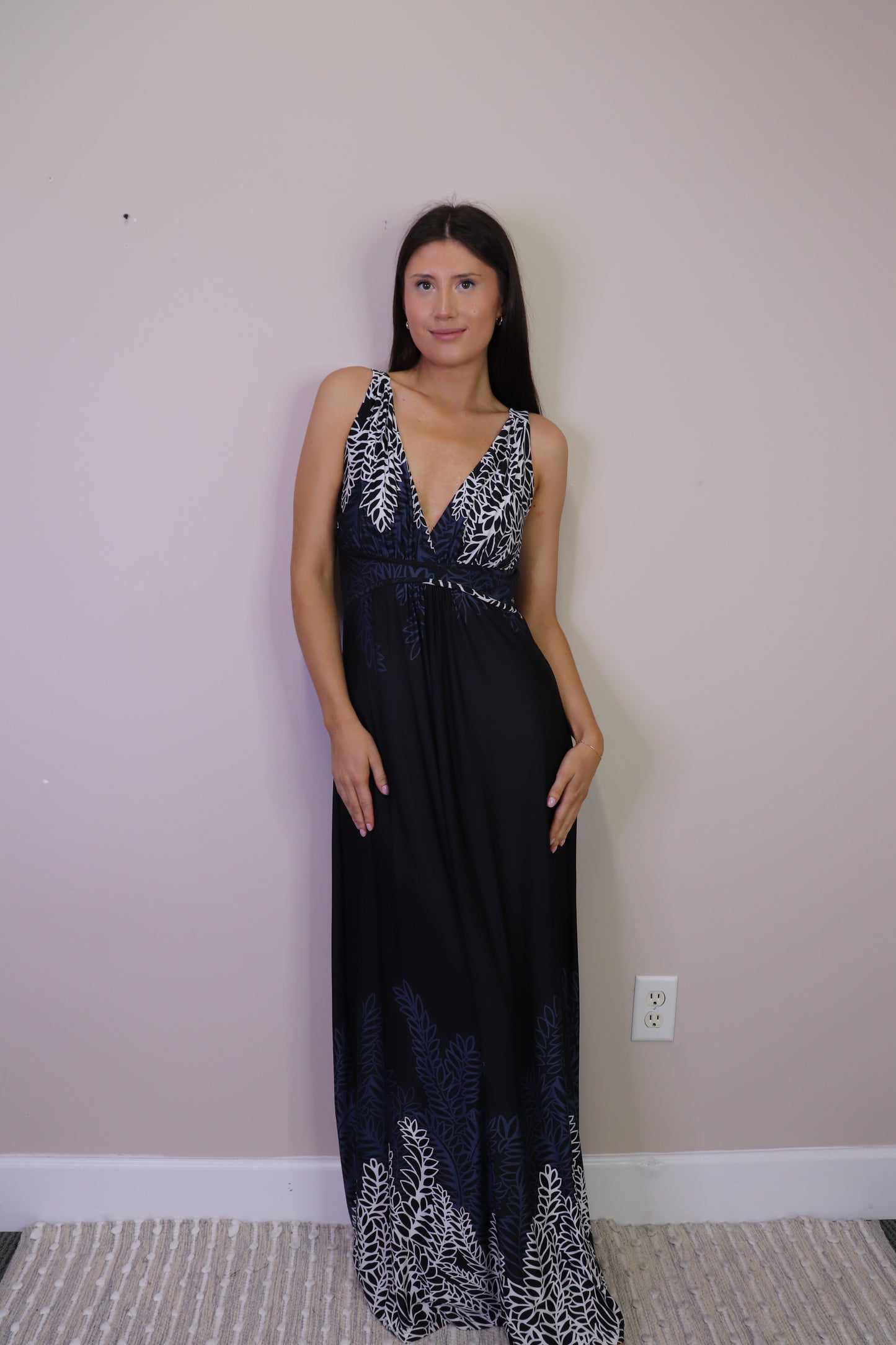 PD16603 BLACK Border Print Grecian Maxi Dress