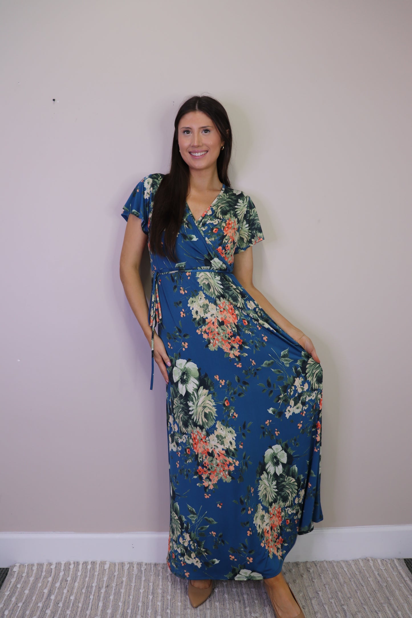 PD16608 ROYAL Floral Stretch Wrap Look Maxi Dress