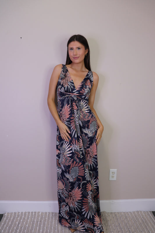 PD16614 BLUE Fan Print Grecian Maxi Dress