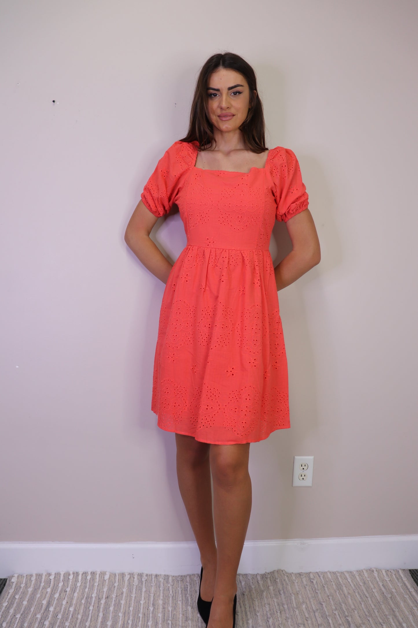 PD16620 CORAL Cotton Eyelet Dress with Puff Sleeves