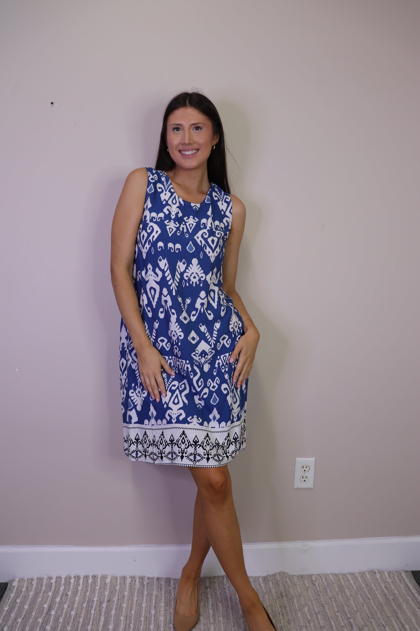 PD16624 BLUE Border Print Shift Dress with Back Zip