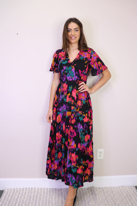 PD16626 BLACK Multi Colored V Neck Maxi Dress with Pockets