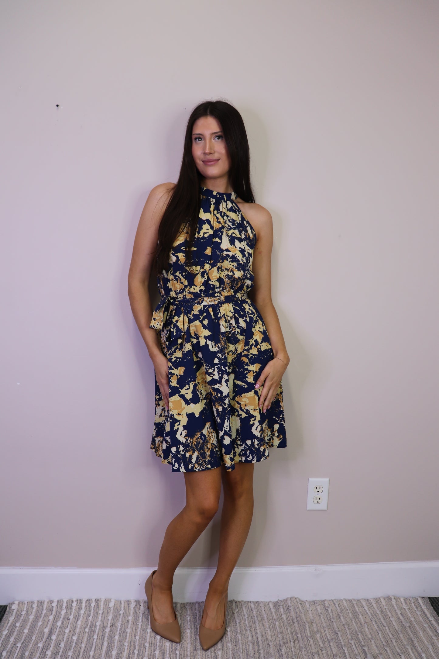 PD16627 NAVY Printed Halter Neck Dress with Tie Belt