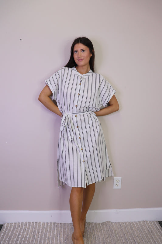 PD16631 WHITE Striped Linen Blend Shift Dress