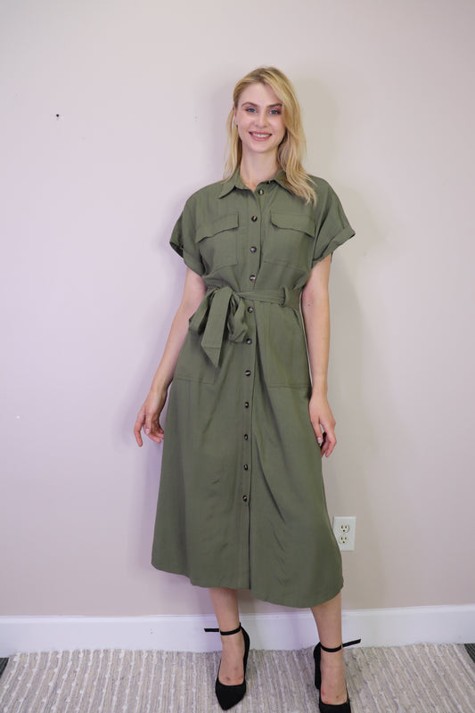 PD16632 KHAKI Utility Style Linen Blend Shirt Dress