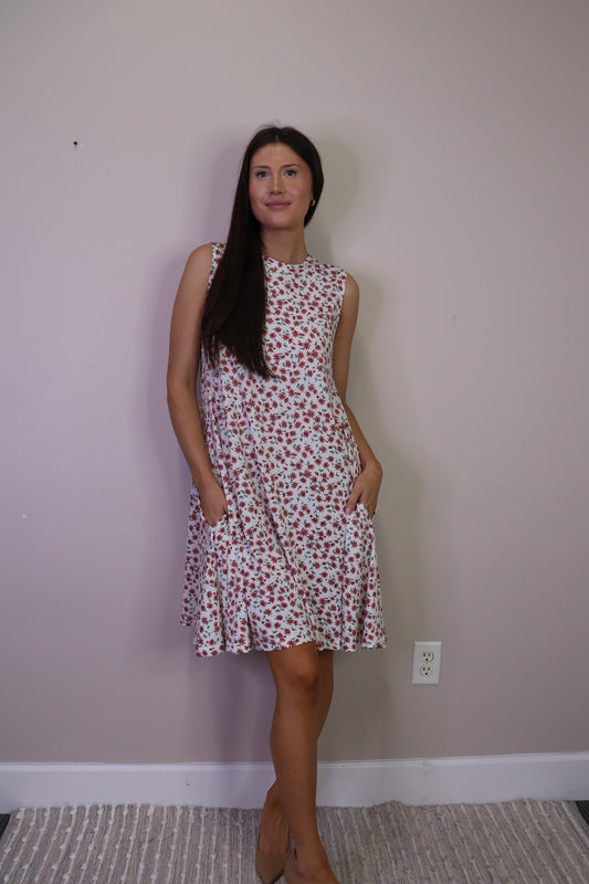 PD16633 WHITE Ditsy Floral A-Line Stretch Dress with Pockets