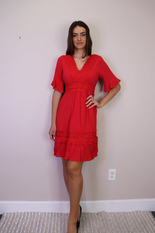 PD16644 RED Cotton Crinkle Lace Detail Dress