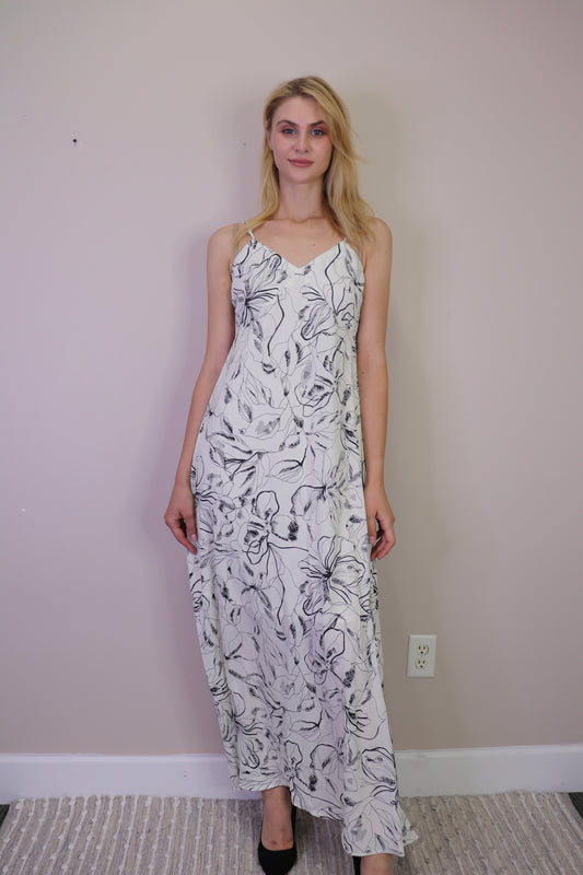 PD16645 WHITE Abstract Slip Dress with Side Split